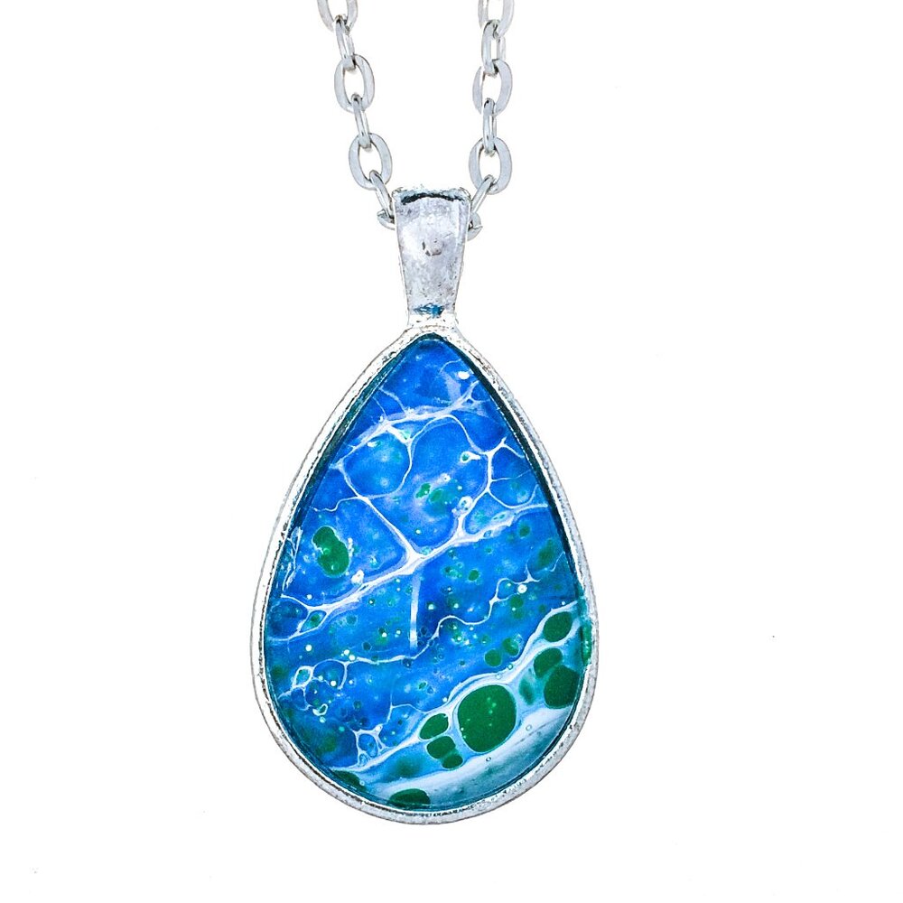 Fluid Art Oval Pendant with 24" Silver Plated Necklace